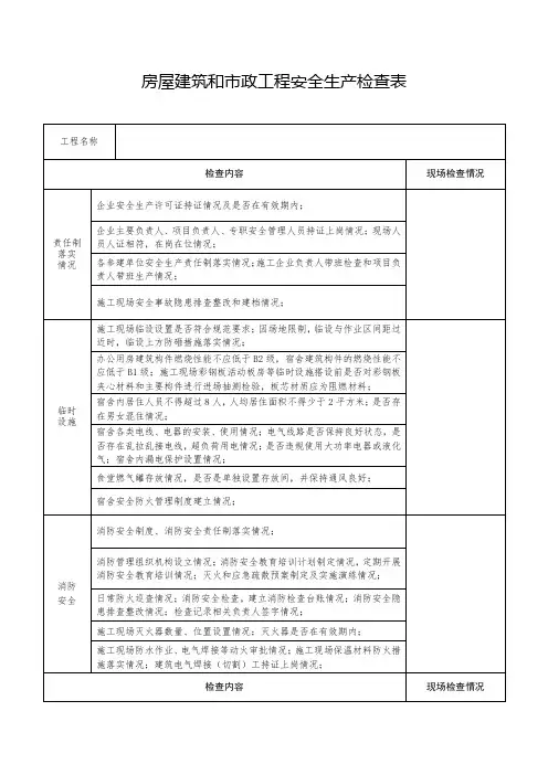 房屋建筑和市政工程安全生产检查表