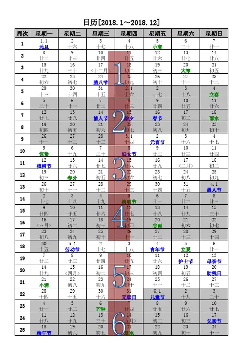 2018年日历(含2018年农历-2018年周历-2018年节气)