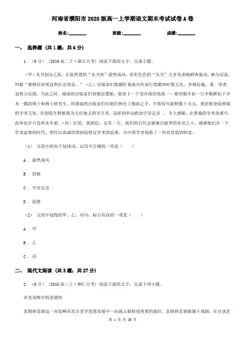 河南省濮阳市2020版高一上学期语文期末考试试卷A卷