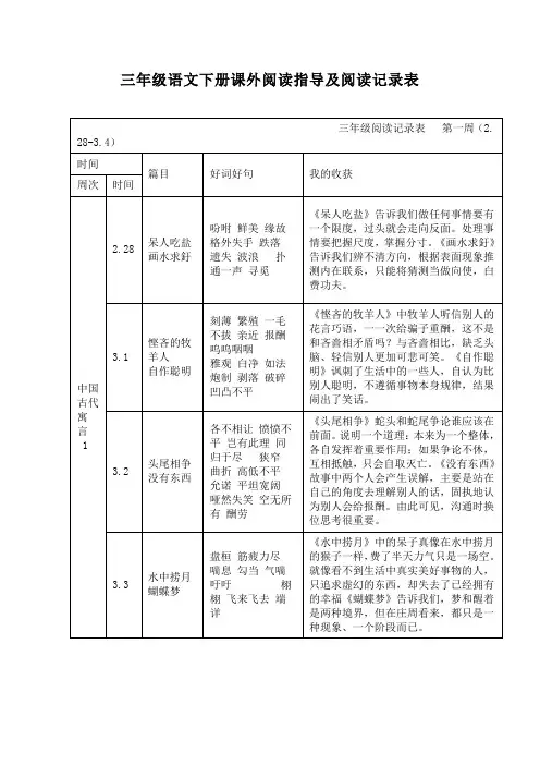 三年级语文下册课外阅读指导及阅读记录表