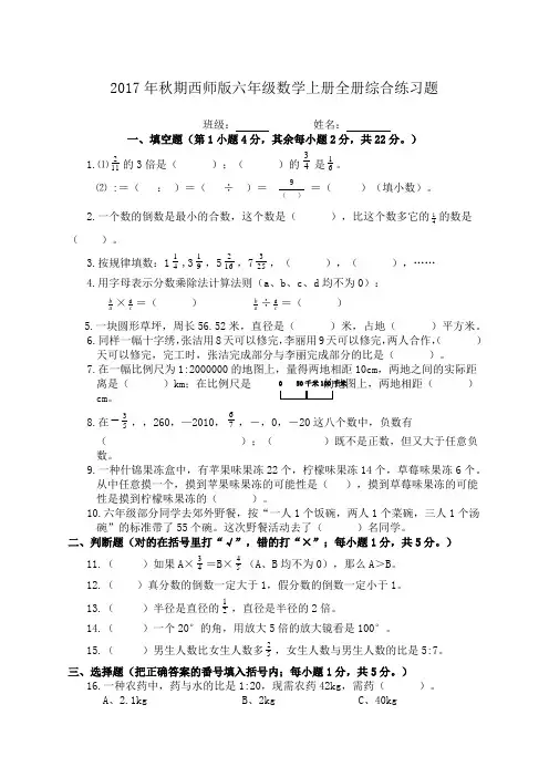 西师六年级数学上册期末综合测试题