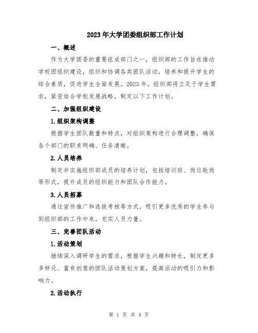 2023年大学团委组织部工作计划