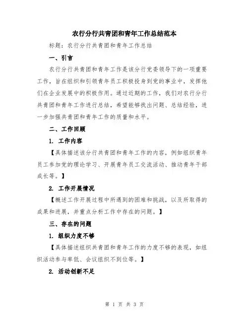 农行分行共青团和青年工作总结范本