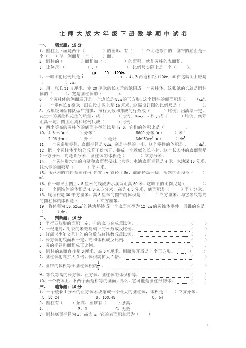 2020最新北师大版六年级数学下册期中试卷