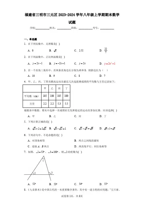福建省三明市三元区2023-2024学年八年级上学期期末数学试题