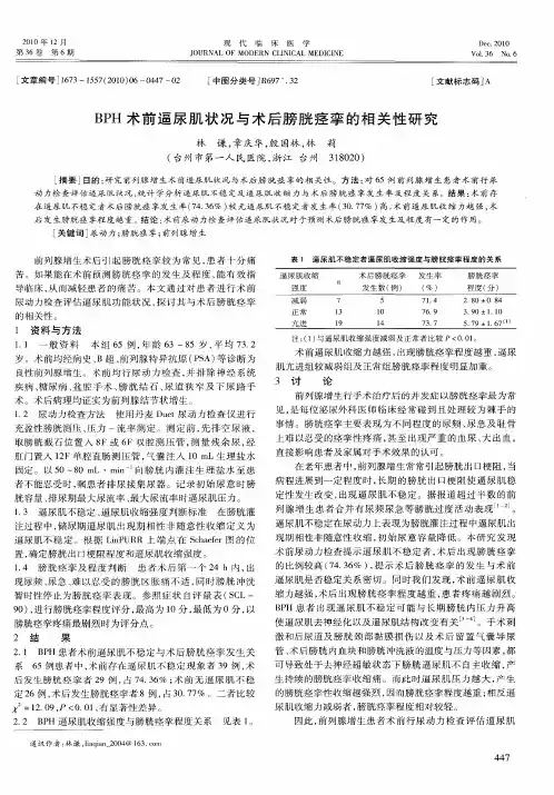 BPH术前逼尿肌状况与术后膀胱痉挛的相关性研究