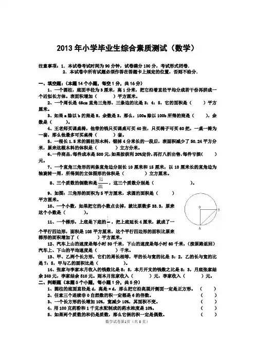 2013年小学毕业生综合素质测试(数学)