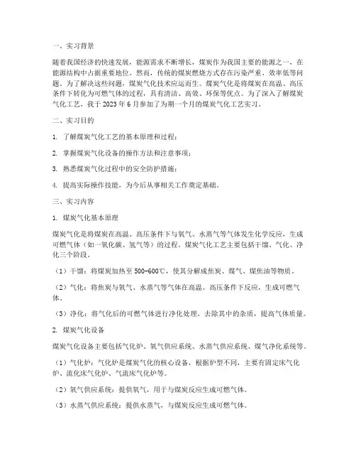 煤炭气化工艺实习报告