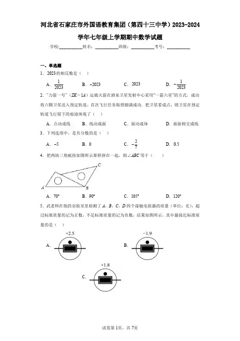 河北省石家庄市外国语教育集团(第四十三中学)2023-2024学年七年级上学期期中数学试题