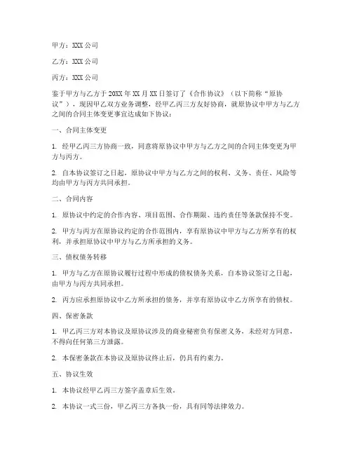 合同主体变更协议书范例