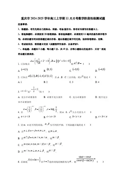 重庆市2024-2025学年高三上学期11月月考数学阶段性检测试题