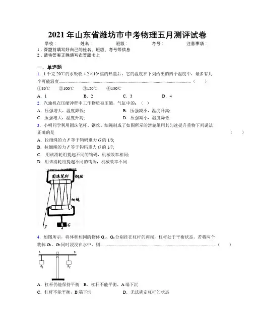 2021年山东省潍坊市中考物理五月测评试卷及解析