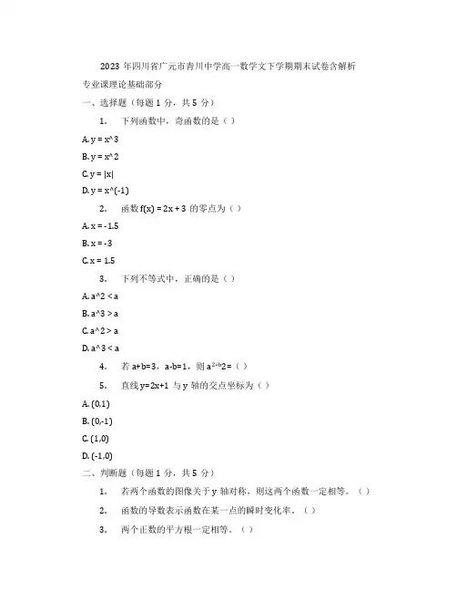 2023年四川省广元市青川中学高一数学文下学期期末试卷含解析
