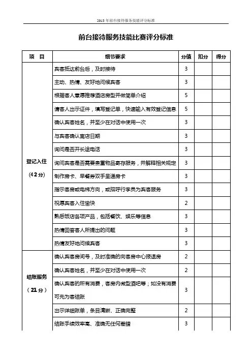 酒店前台接待服务技能比赛评分标准