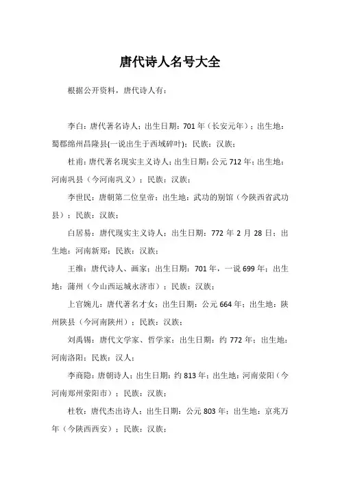 唐代诗人名号大全