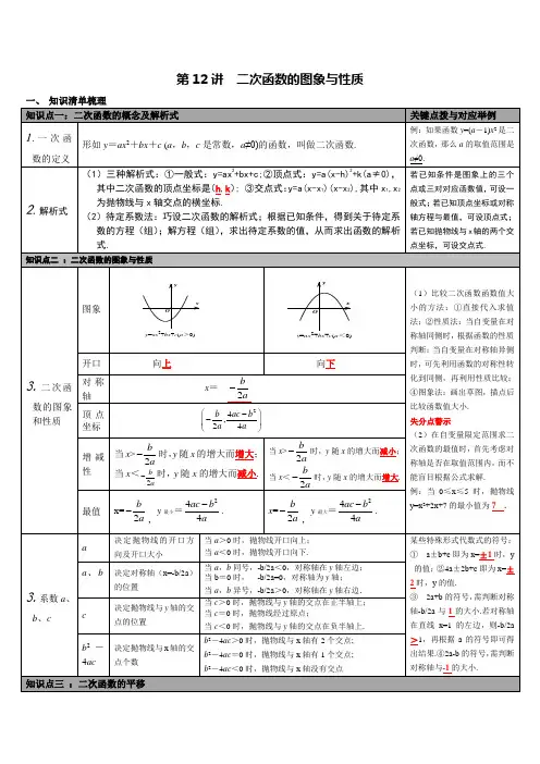 2020中考数学知识点梳理：第12讲-二次函数的图象与性质