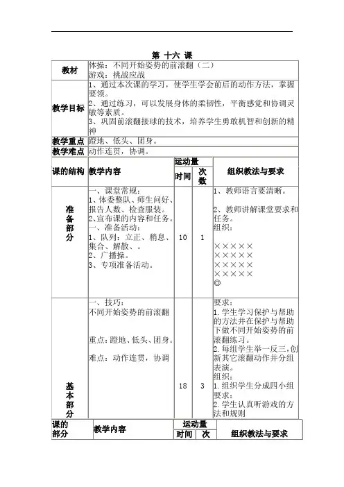 三年级全册体育与健康表格式教案-第十六课1.体操：不同开始姿势的前滚翻(二)2.游戏：挑战应战 人教版