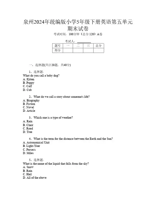 泉州2024年统编版小学5年级下册T卷英语第五单元期末试卷