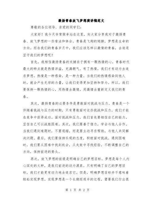 激扬青春放飞梦想演讲稿范文