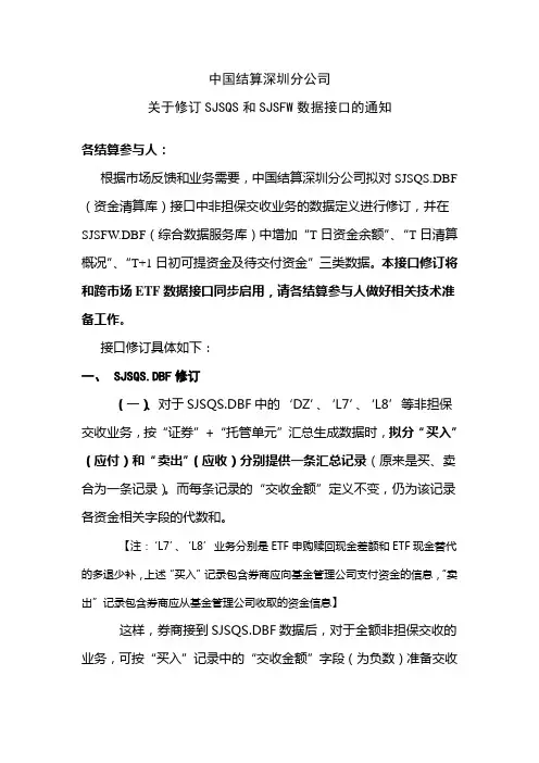 中国结算深圳分公司修订SJSQS和SJSFW数据接口