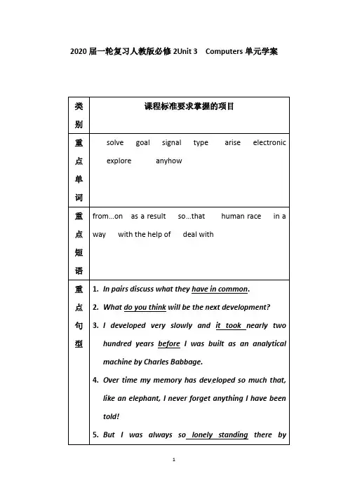 2020届一轮复习人教版必修2Unit 3  Computers单元学案(21页word版)