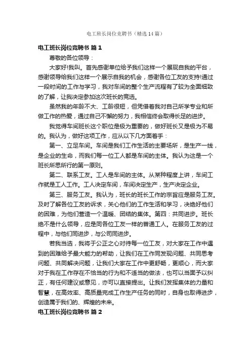 电工班长岗位竞聘书（精选14篇）