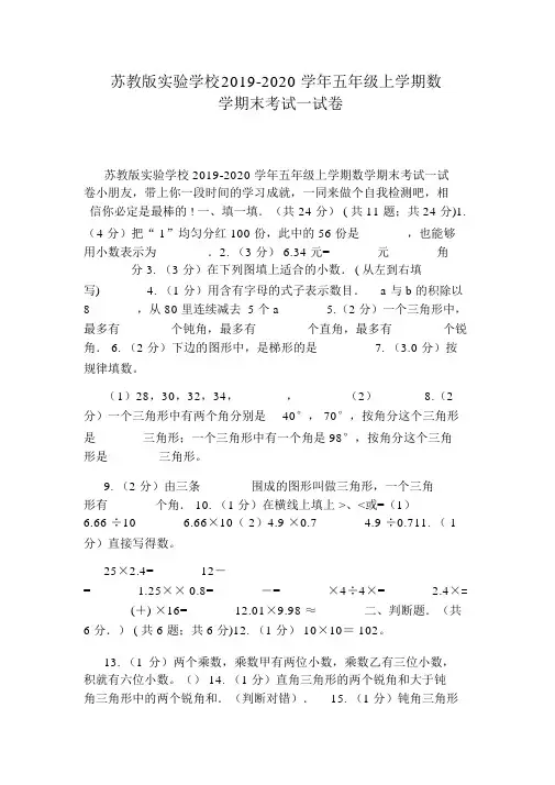 苏教版实验学校2019-2020学年五年级上学期数学期末考试试卷(20220114042051)