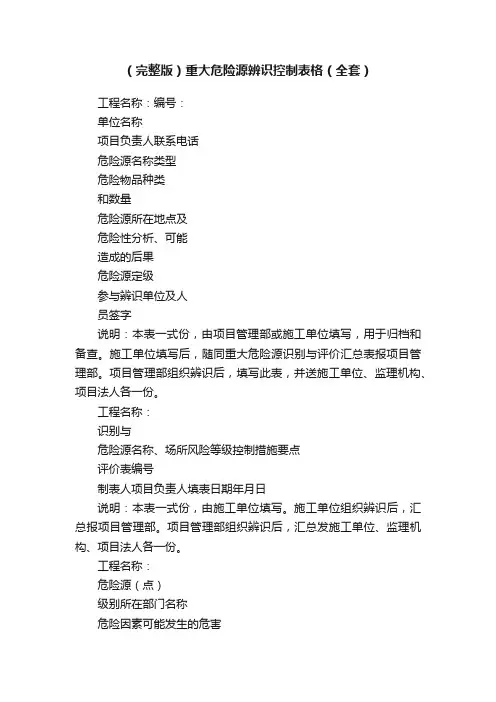 （完整版）重大危险源辨识控制表格（全套）