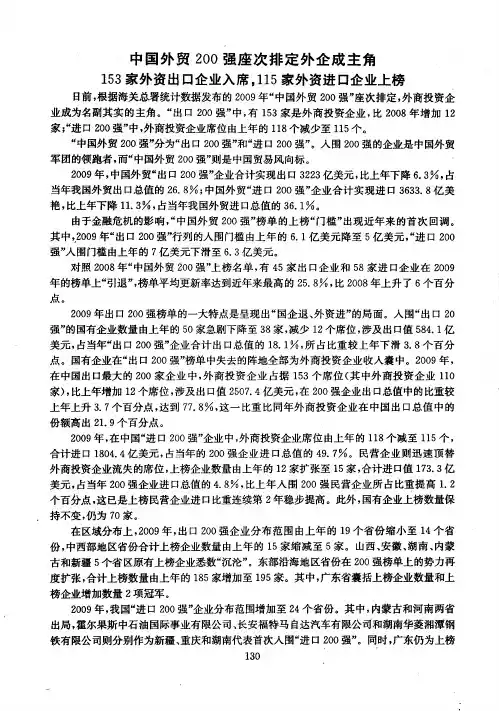 中国外贸200强座次排定外企成主角 153家外资出口企业入席,115家外资进口企业上榜