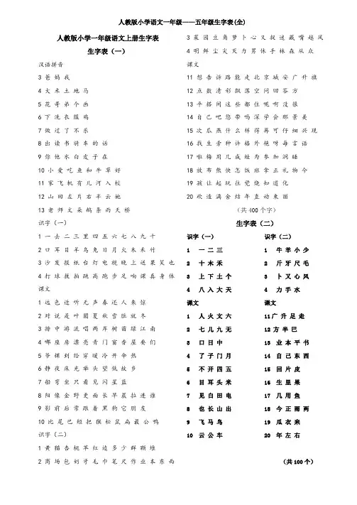 最新人教版小学语文一年级到五年级生字表全