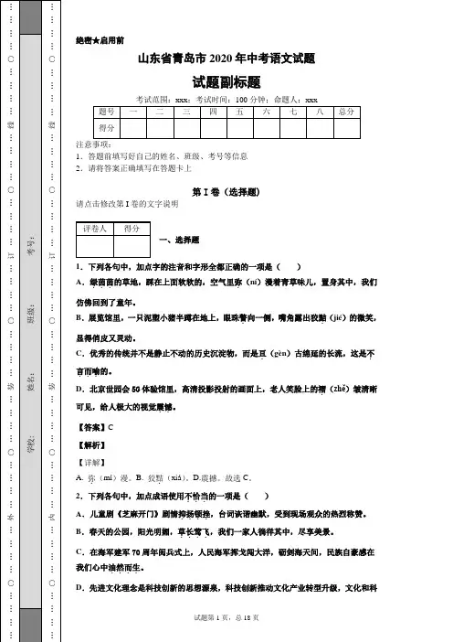 山东省青岛市2020年中考语文试题及答案解析