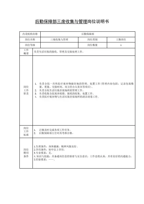 后勤保障部三废收集与管理岗位说明书
