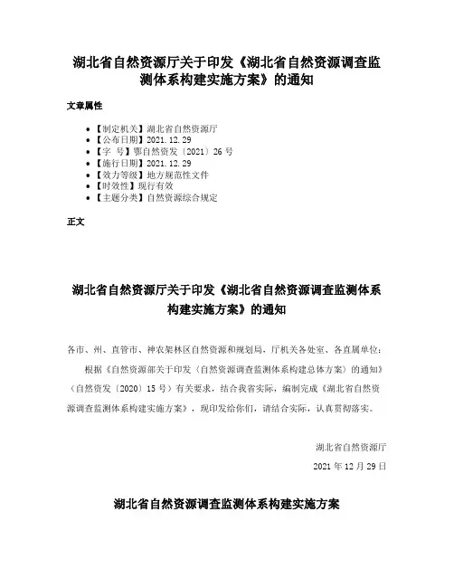 湖北省自然资源厅关于印发《湖北省自然资源调查监测体系构建实施方案》的通知