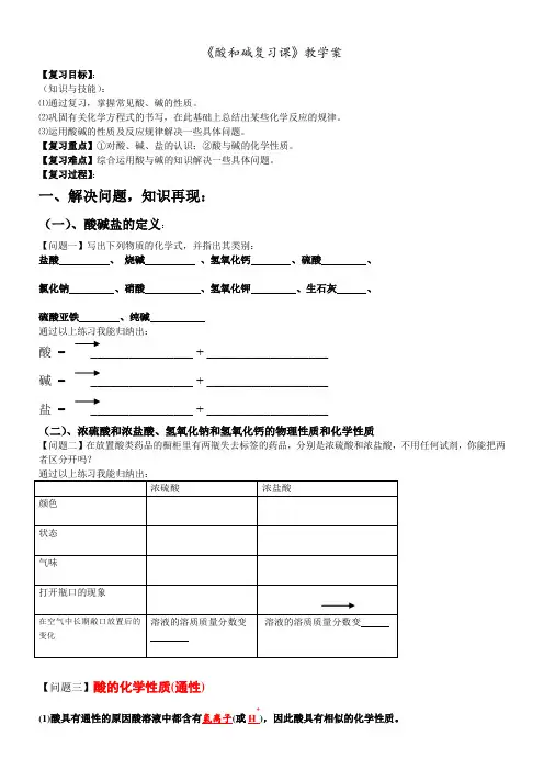 初中化学人教九年级下册(2023年新编) 酸和碱《酸和碱复习课》教学案