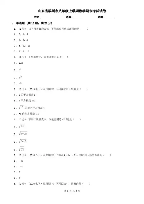 山东省滨州市八年级上学期数学期末考试试卷