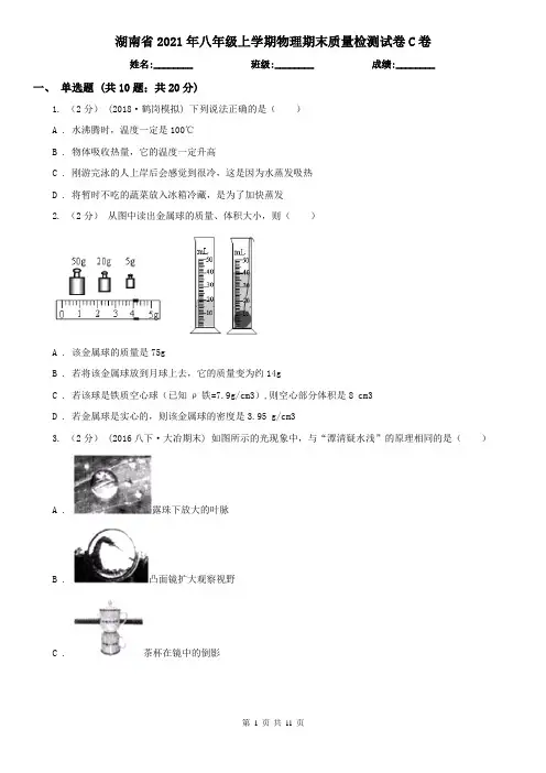 湖南省2021年八年级上学期物理期末质量检测试卷C卷