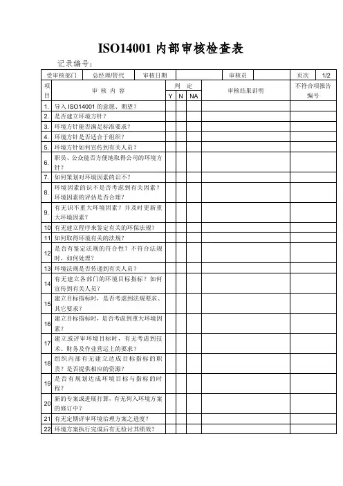 ISO14001内部审核检查表