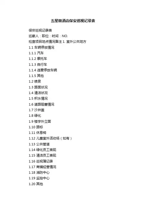五星级酒店保安巡视记录表