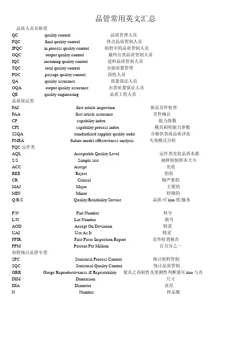 品管常用英文