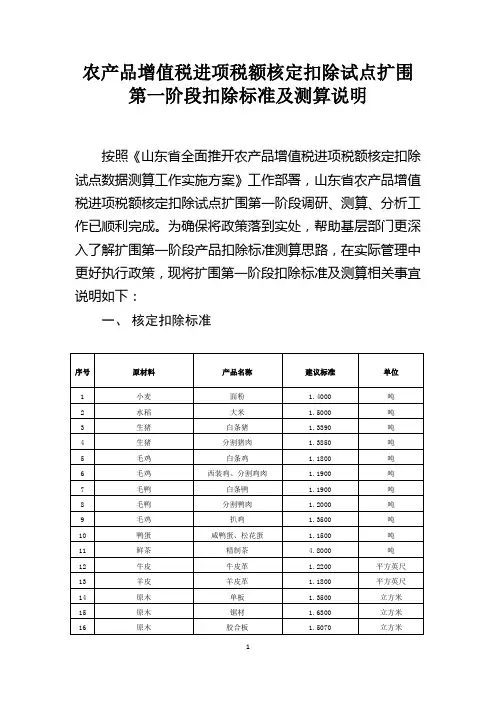 农产品增值税进项税额核定扣除试点扩围扣第一阶段除标准及测算说明