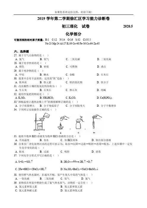 (高清版)上海徐汇区初三化学模拟卷