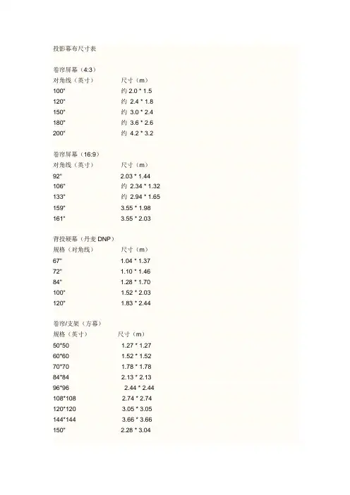 投影幕布尺寸表