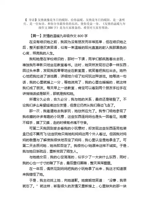 友情的温暖九年级作文800字