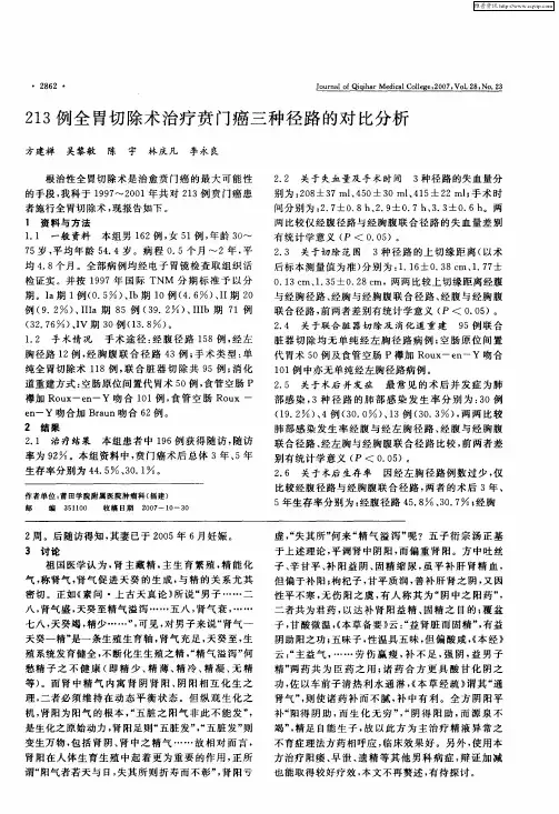 213例全胃切除术治疗贲门癌三种径路的对比分析