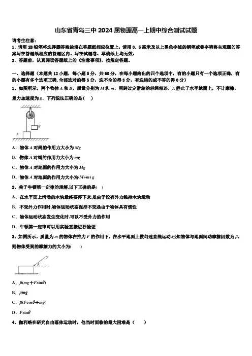 山东省青岛三中2024届物理高一上期中综合测试试题含解析