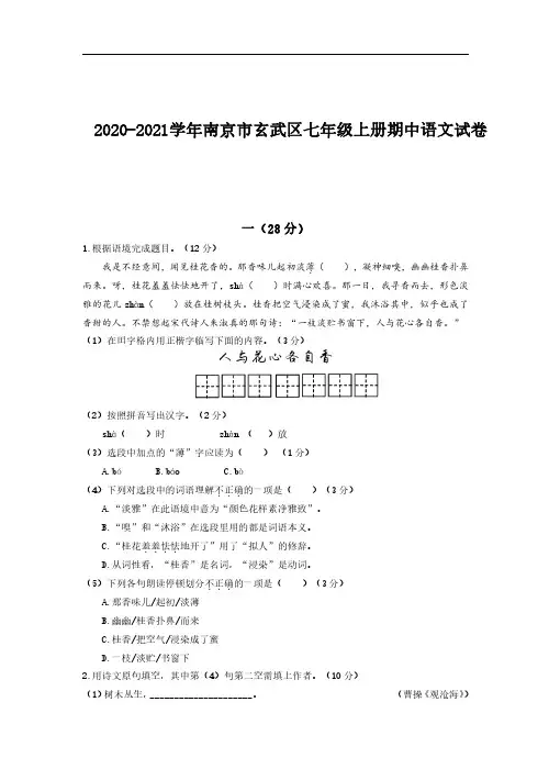 2020-2021学年南京市玄武区七年级上册期中语文试卷+答案