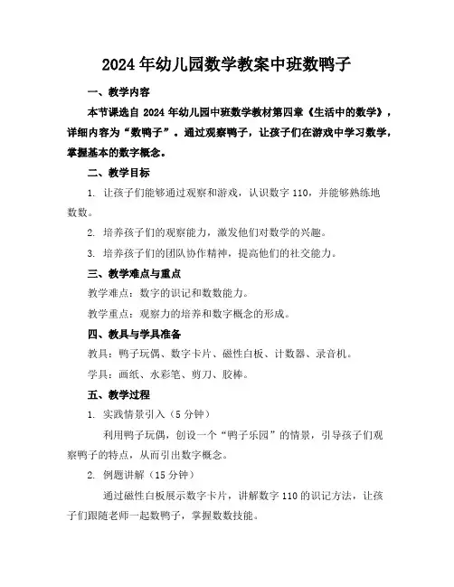 2024年幼儿园数学教案中班数鸭子