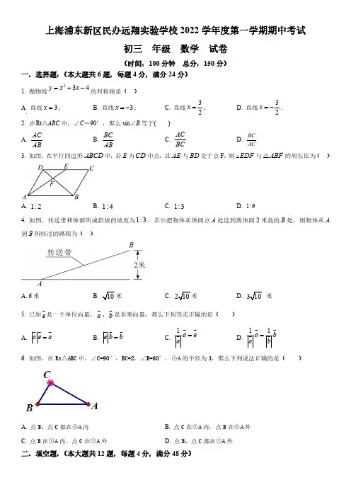 2022-2023学年上海市浦东新区民办远翔实验学校九年级上学期期中考试数学试卷含详解