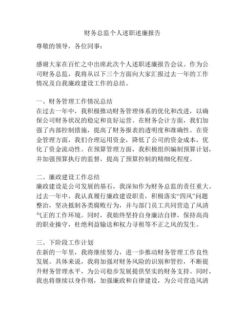 财务总监个人述职述廉报告