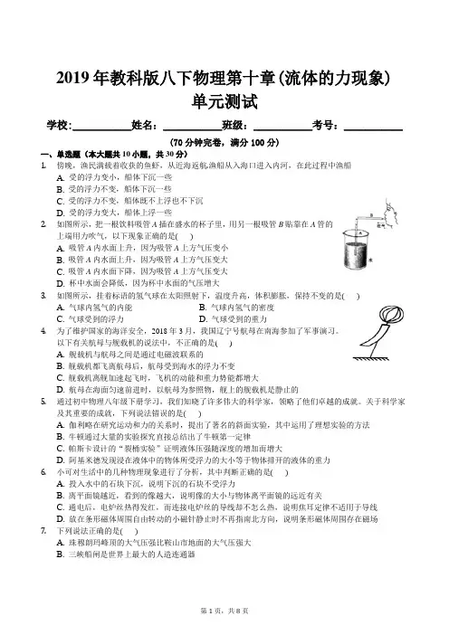 2019年教科版八下物理第十章(流体的力现象)单元试卷及答案